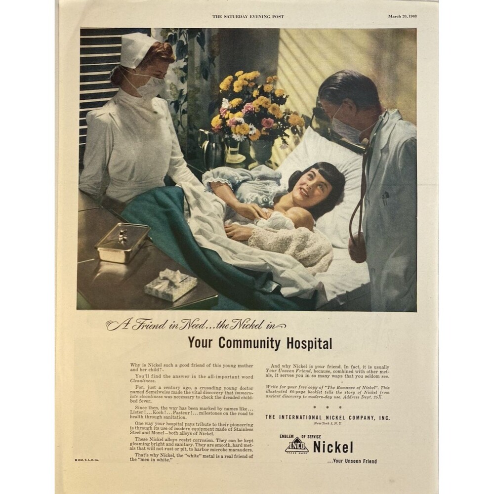 Nickel Stainless Steel & Monel "A real friend of Medical Care" Vtg Print Ad 1948